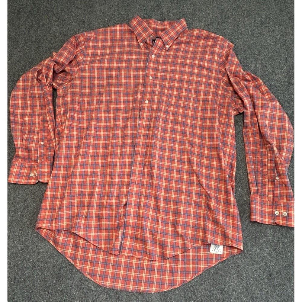 Lands End Oxford Shirt Mens 17 34/35 Houndstooth Plaid Orange/blue Long Sleeve
